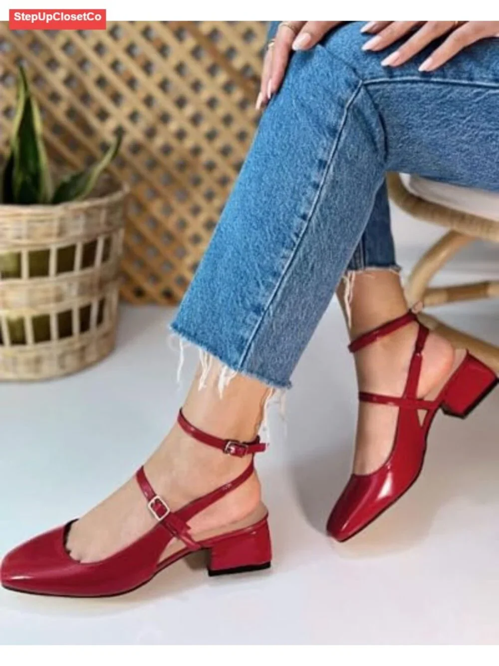 Women's Mary Jane Chunky Low Heels Square Toe Ankle Strap Dress Pumps Faux